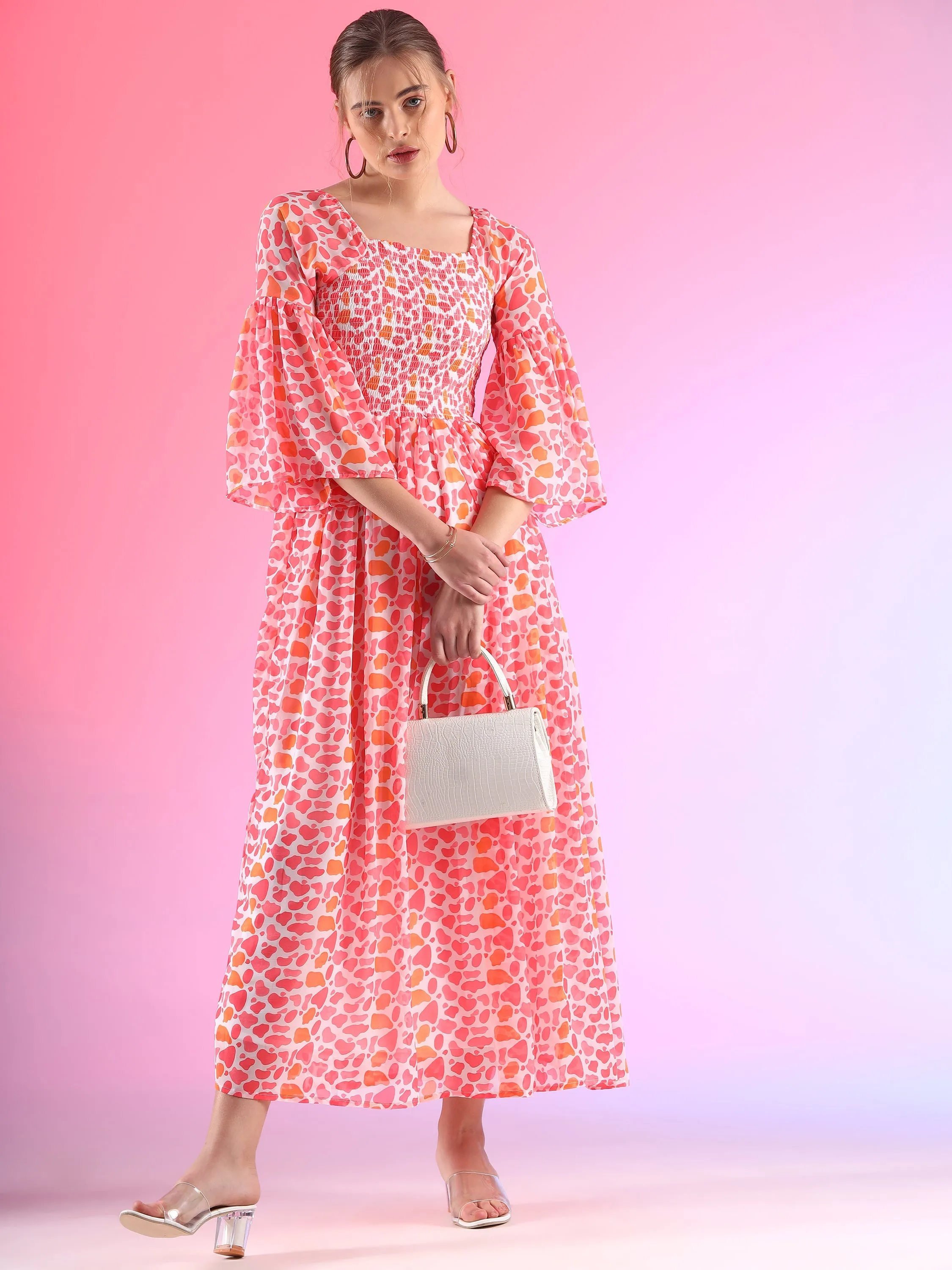 Women Floral Printed Flare Sleeve Smoking A-line Maxi Dress