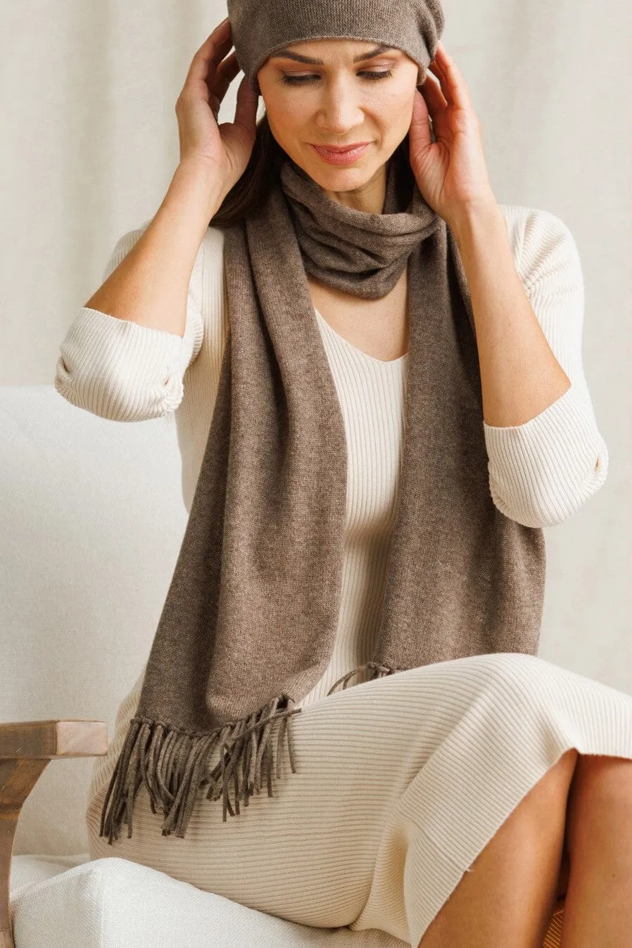 Women's 100% Pure Cashmere Knit Scarf with Fringe and Gift Box