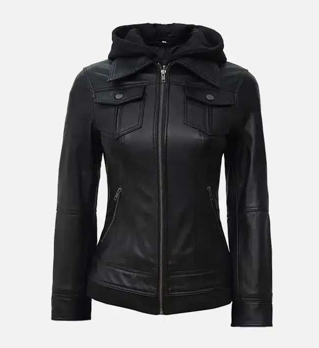 Women’s Black Leather Jacket With Hood