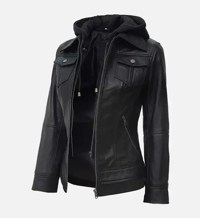 Women’s Black Leather Jacket With Hood