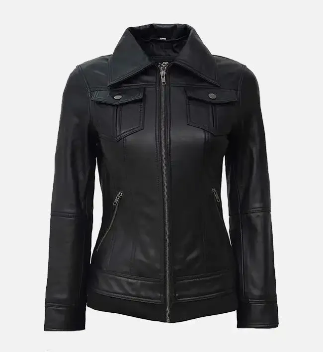 Women’s Black Leather Jacket With Hood