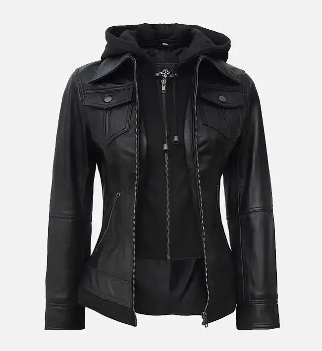 Women’s Black Leather Jacket With Hood