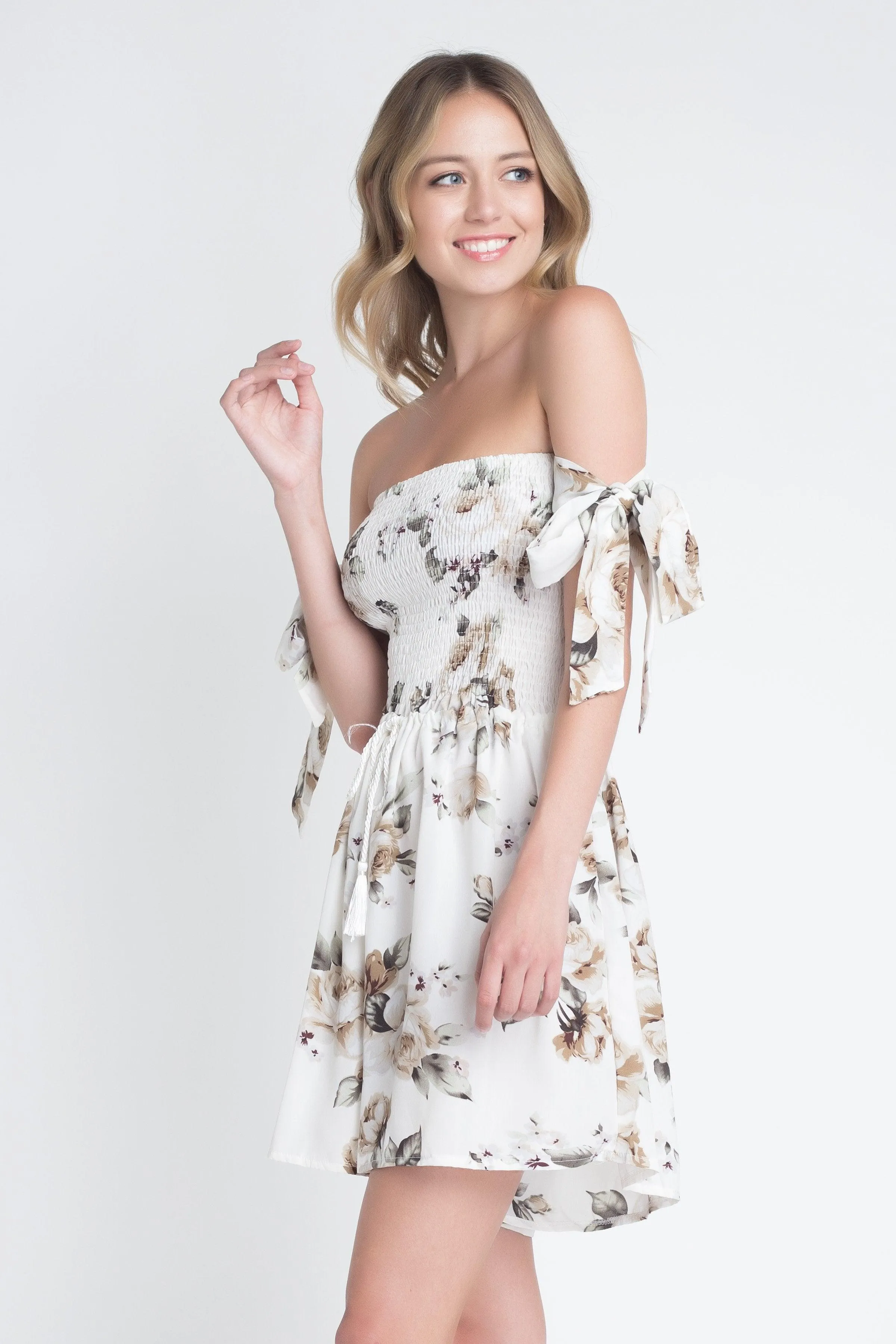 Womens Off Shoulder Smocked Floral Tie Romper