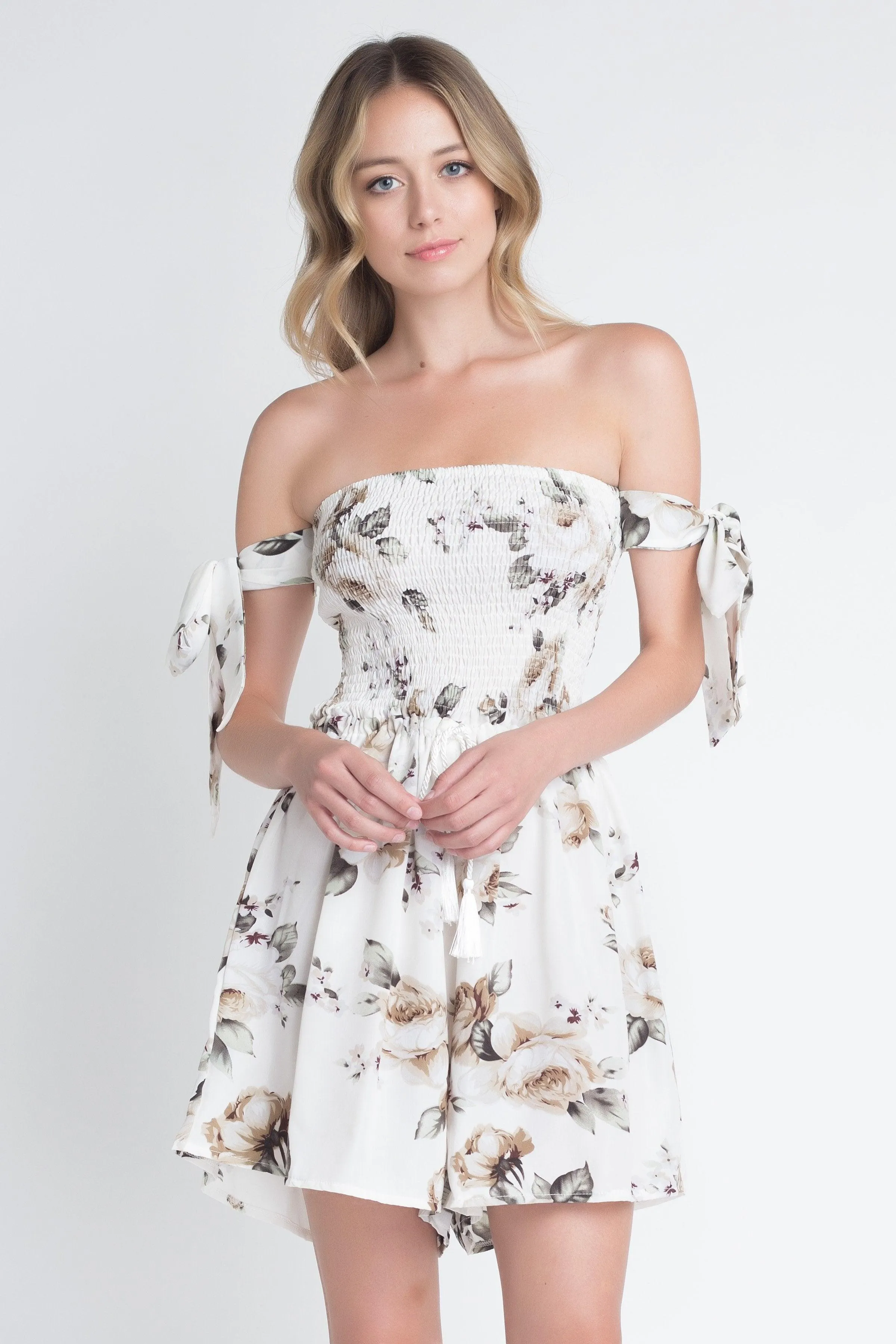 Womens Off Shoulder Smocked Floral Tie Romper