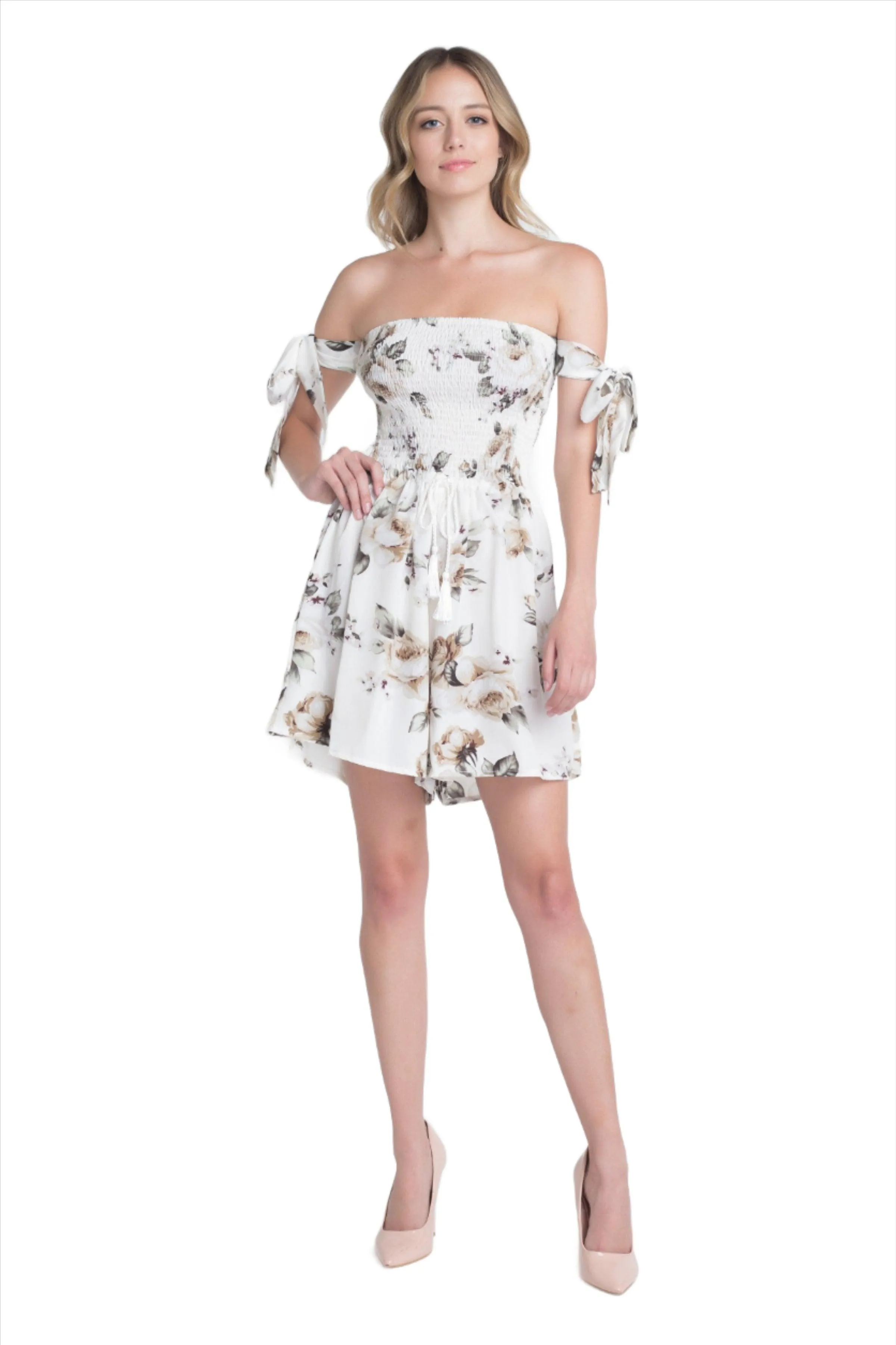 Womens Off Shoulder Smocked Floral Tie Romper