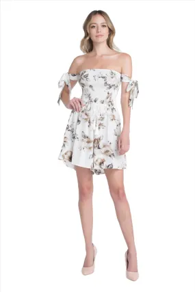 Womens Off Shoulder Smocked Floral Tie Romper