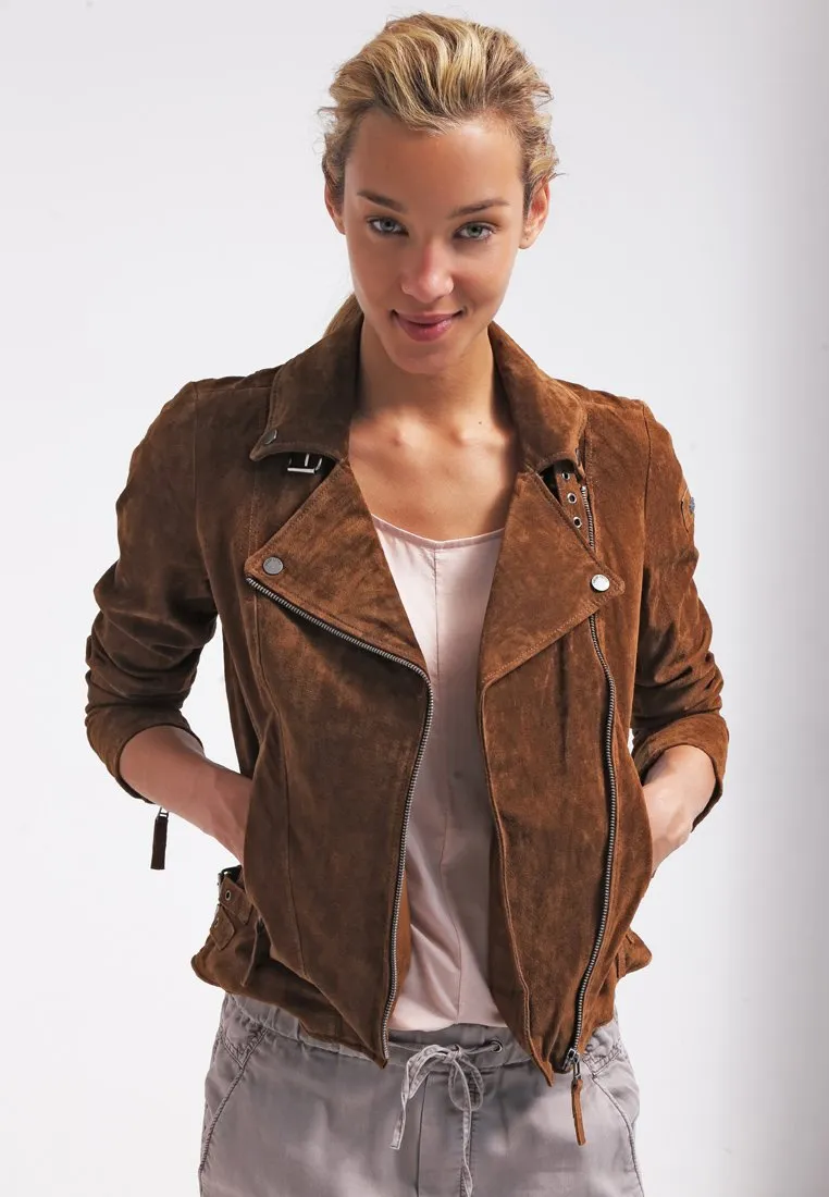 Women’s Trendy Tan Brown Suede Leather Biker Jacket