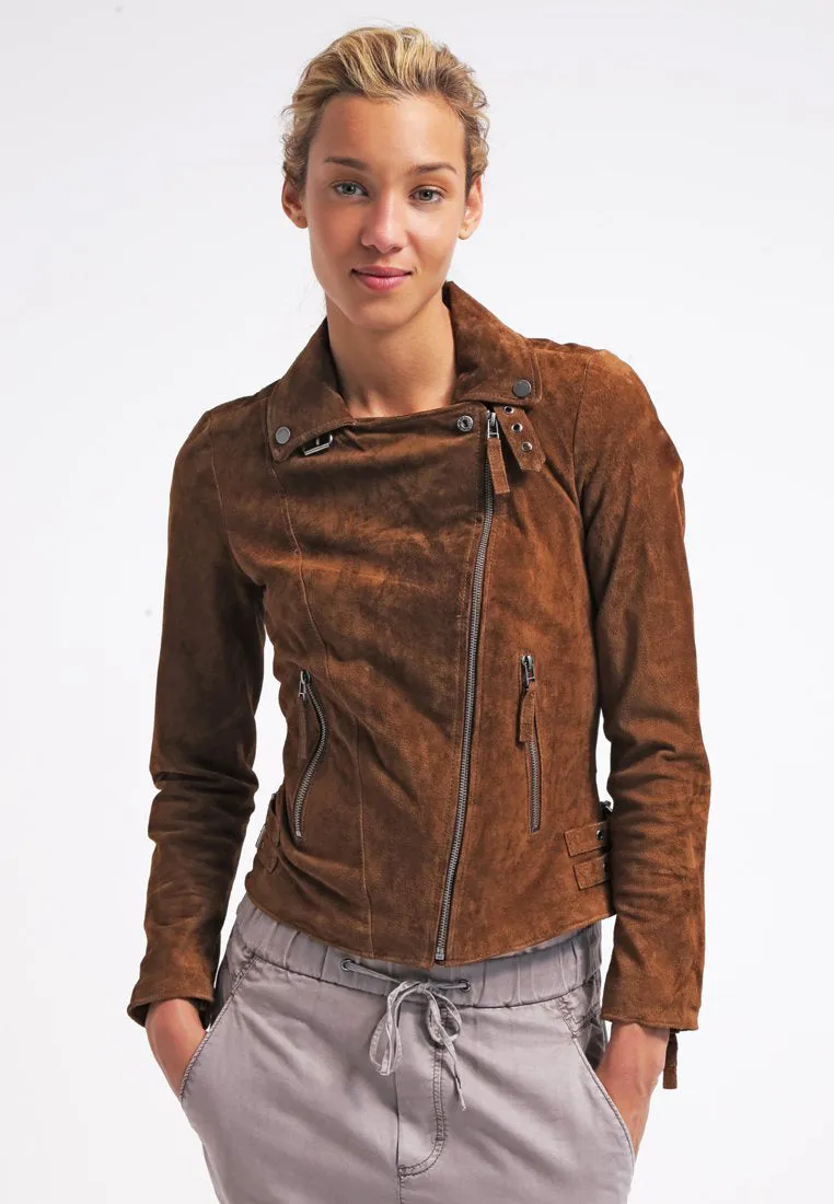 Women’s Trendy Tan Brown Suede Leather Biker Jacket